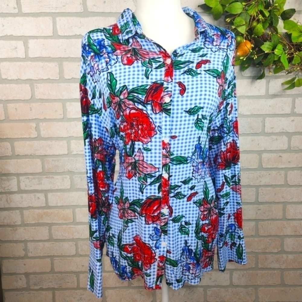 MASSINI Floral Button Up Long Sleeve Gingham Style Blouse Size L - Picture 9 of 9